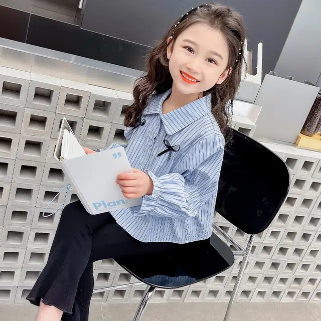 比比我休闲运动套装  女童春秋季条纹衬衫喇叭裤大童潮牌小孩衣服 小女孩短袖洋气时髦 舒适帅气轻便