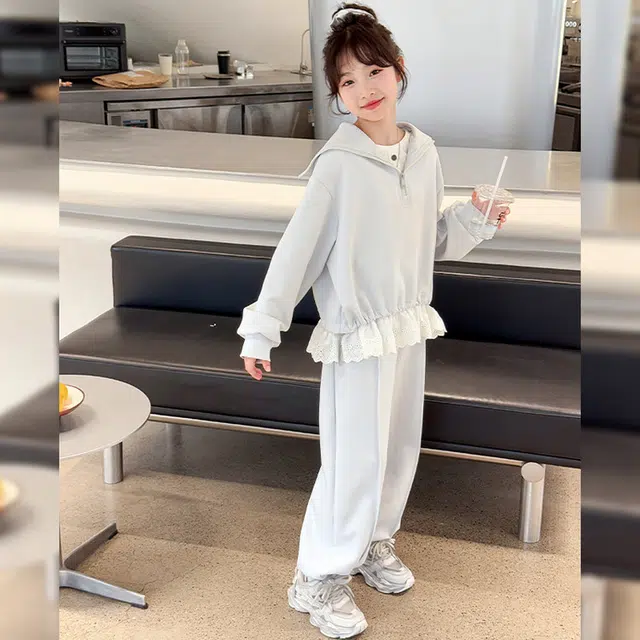 比比我休闲运动套装  女童春秋季大翻领设计花边拼接大童潮牌小孩衣服 小女孩短袖洋气时髦 舒适帅气