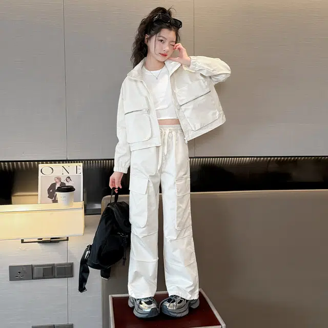 比比我休闲运动套装  女童春秋季大口袋工装大童潮牌小孩衣服 小女孩短袖洋气时髦 舒适帅气轻便