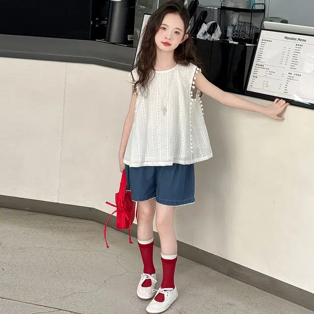 比比我休闲运动套装 女童夏季服装 大童潮牌 小孩衣服 小女孩无袖镂空牛仔短裤