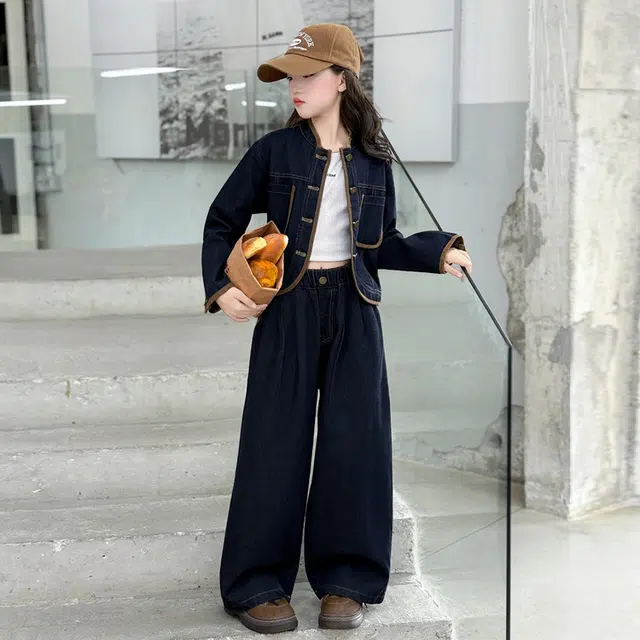 比比我休闲运动套装  女童春秋季撞色牛仔大童潮牌小孩衣服 小女孩长袖洋气时髦 舒适帅气轻便