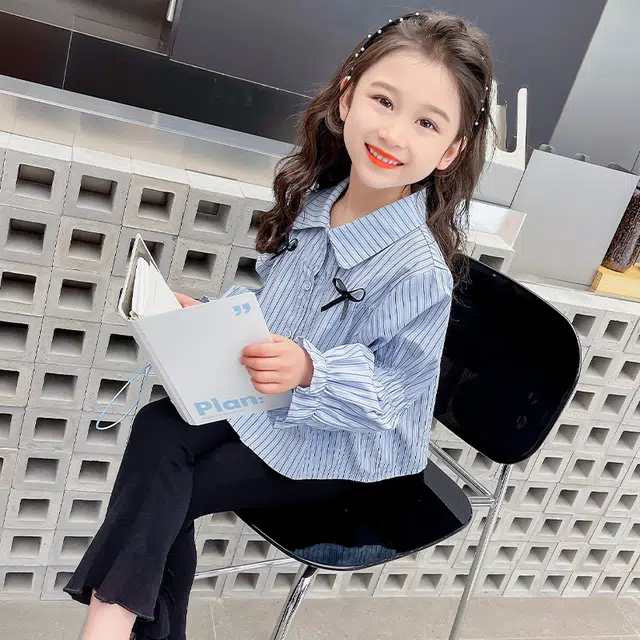 比比我休闲运动套装  女童春秋季条纹衬衫喇叭裤大童潮牌小孩衣服 小女孩短袖洋气时髦 舒适帅气轻便