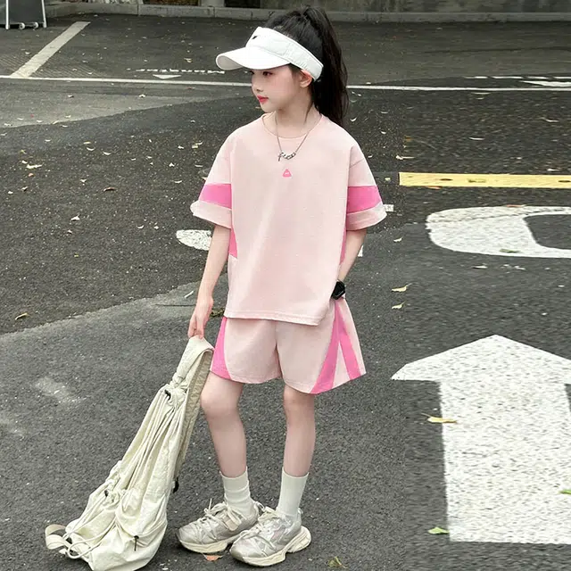 比比我儿童休闲运动套装 女童夏季 小孩衣服 小女孩拼色短袖 洋气短裤套 大童潮牌