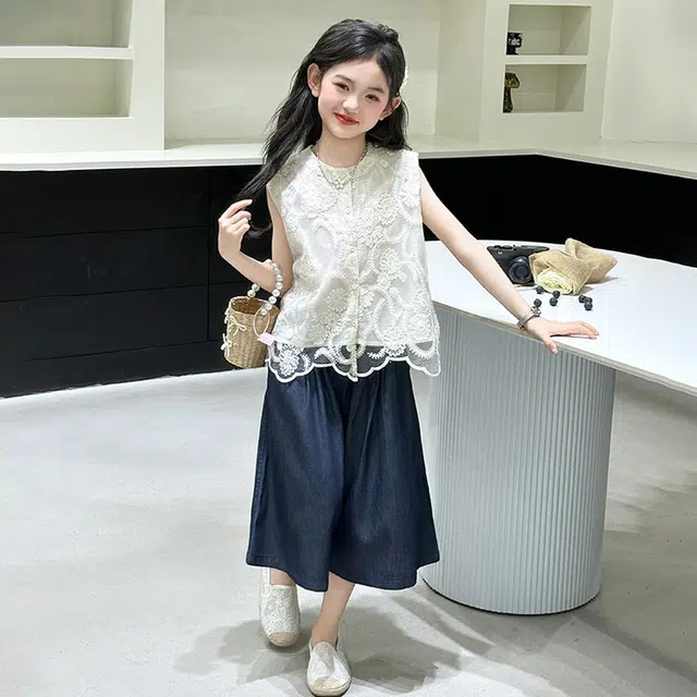比比我儿童休闲运动套装 女童夏季服装 小孩衣服 小女孩刺绣蕾丝背心马甲牛仔裤 大童潮牌