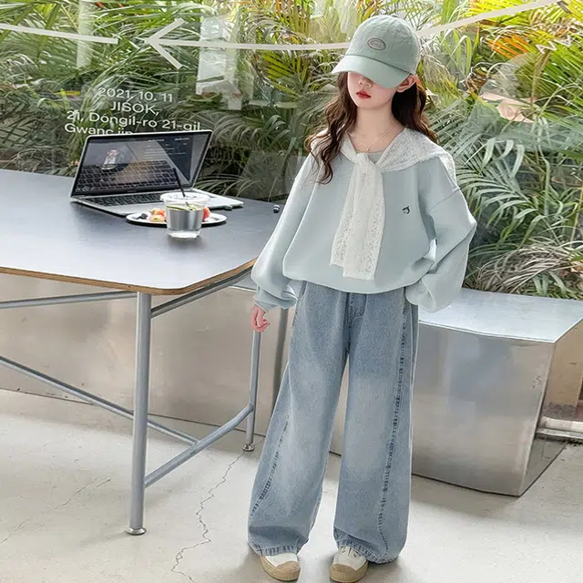 比比我休闲运动套装  女童春秋季搭肩卫衣牛仔裤大童潮牌小孩衣服 小女孩长袖洋气时髦 舒适帅气轻便