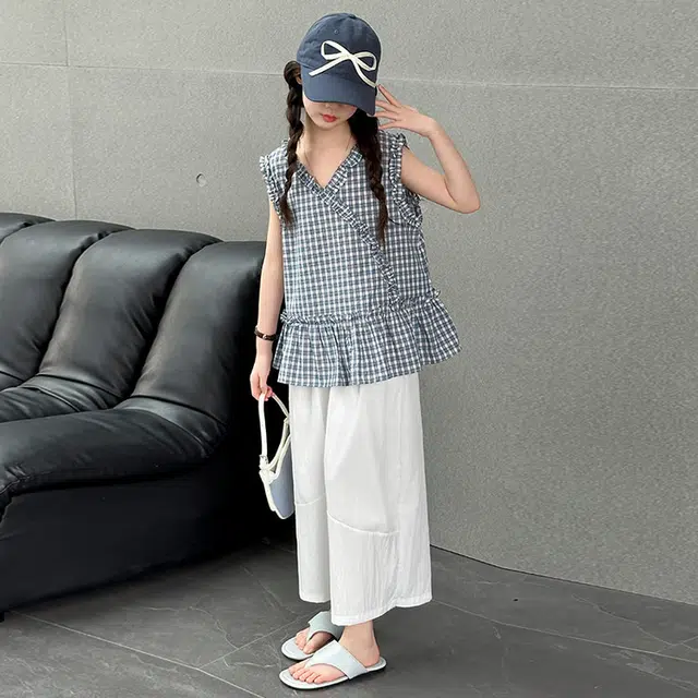 比比我休闲运动套装 女童夏季服装 大童潮牌 小孩衣服 女孩格子花边娃娃衫 时尚潮流