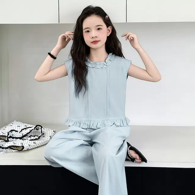 比比我儿童休闲运动套装 女童夏季 小孩衣服 小女孩纯色花边   大童潮牌 无袖长裤套