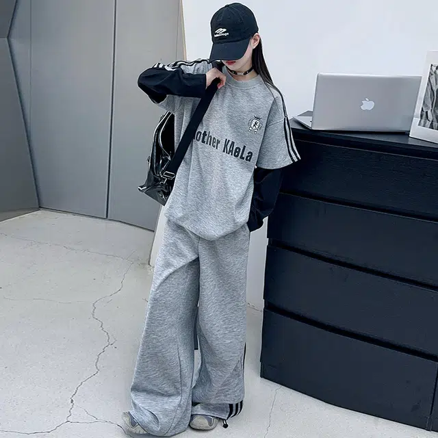 比比我休闲运动套装  女童春秋季假两件拉条大童潮牌小孩衣服 小女孩长袖洋气时髦 舒适帅气轻便