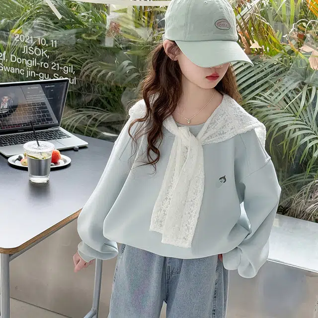 比比我休闲运动套装  女童春秋季搭肩卫衣牛仔裤大童潮牌小孩衣服 小女孩长袖洋气时髦 舒适帅气轻便
