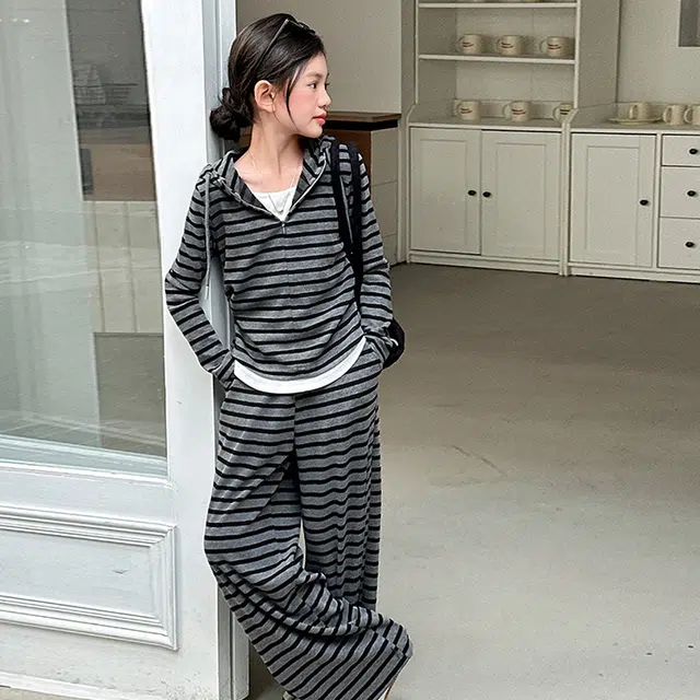比比我休闲运动套装  女童春秋季时尚条纹大童潮牌小孩衣服 小女孩短袖洋气时髦 舒适帅气轻便