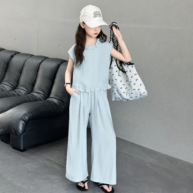 比比我儿童休闲运动套装 女童夏季 小孩衣服 小女孩纯色花边   大童潮牌 无袖长裤套