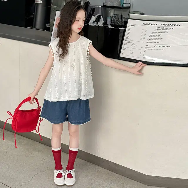 比比我休闲运动套装 女童夏季服装 大童潮牌 小孩衣服 小女孩无袖镂空牛仔短裤