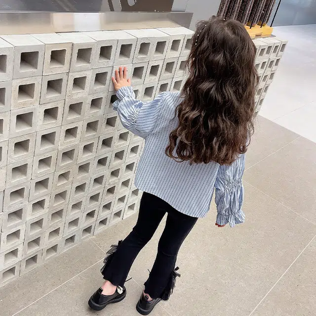 比比我休闲运动套装  女童春秋季条纹衬衫喇叭裤大童潮牌小孩衣服 小女孩短袖洋气时髦 舒适帅气轻便
