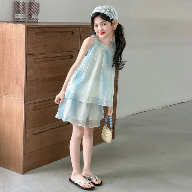 比比我儿童休闲运动套装 女童夏季套服装小孩衣服 小女孩挂脖流光裙两件套  大童潮