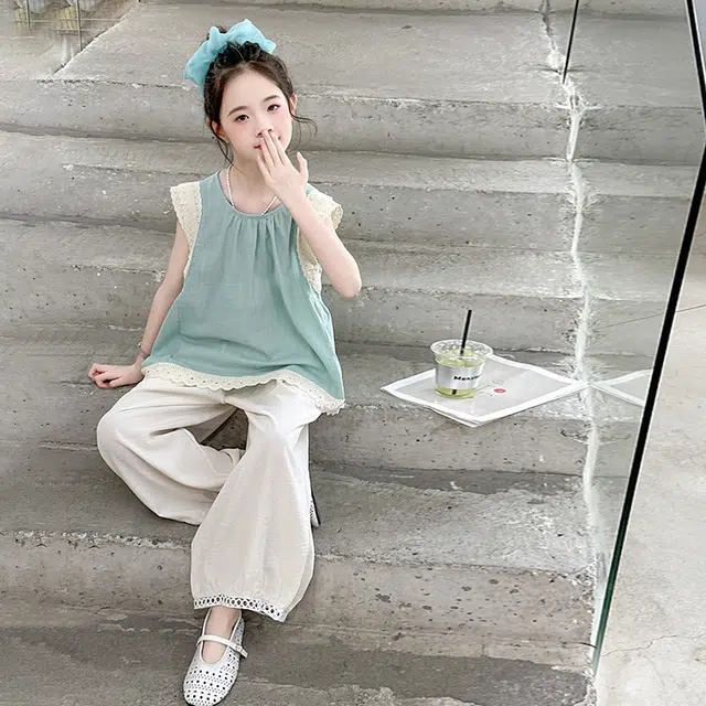 比比我裙装套装 女童夏季 小孩衣服 小女孩字花边上衣灯笼裤 大童潮牌运动