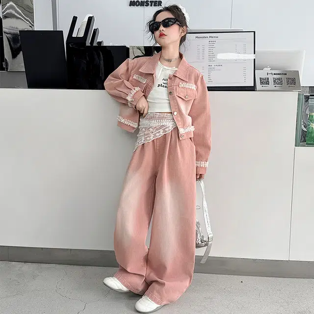 比比我休闲运动套装  女童春秋季花边牛仔大童潮牌小孩衣服 小女孩短袖洋气时髦 舒适帅气轻便