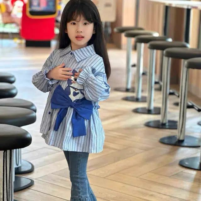 比比我休闲运动套装  女童春秋季猫咪衬衫牛仔裤大童潮牌小孩衣服 小女孩短袖洋气时髦 舒适帅气轻便