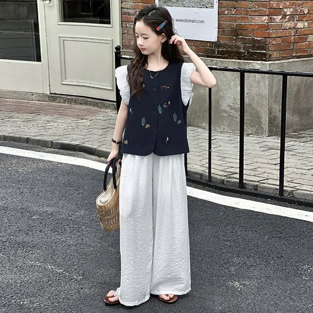 比比我休闲运动套装 女童夏季衣服 小女孩飞袖 洋气时髦 大童潮牌 学生短袖