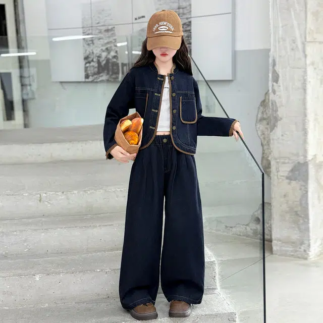 比比我休闲运动套装  女童春秋季撞色牛仔大童潮牌小孩衣服 小女孩长袖洋气时髦 舒适帅气轻便