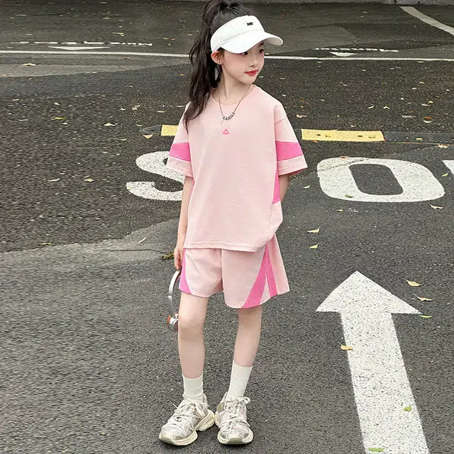 比比我儿童休闲运动套装 女童夏季 小孩衣服 小女孩拼色短袖 洋气短裤套 大童潮牌