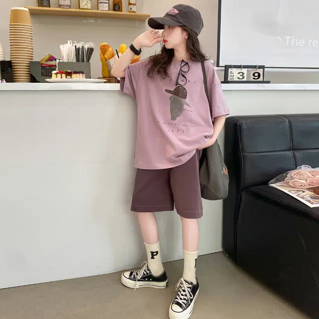 比比我休闲运动套装 女童夏季服装 大童潮牌 小孩衣服 小女孩无袖卡通人短裤套