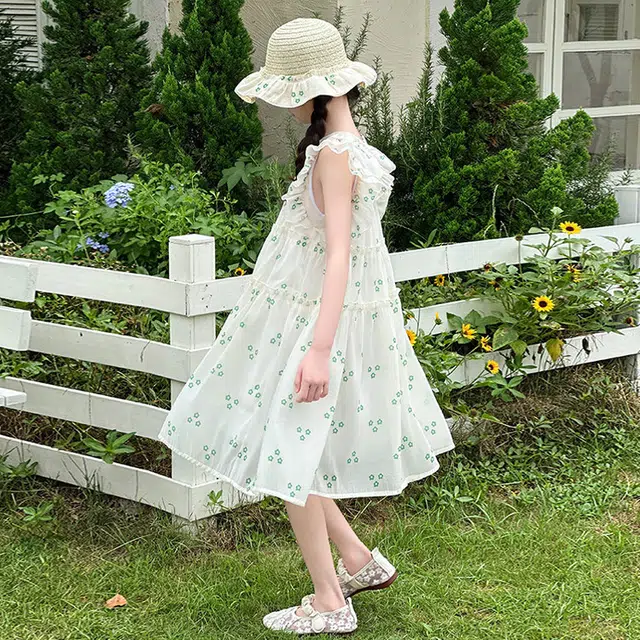比比我女童夏季 大童潮牌 小孩衣服 小女孩飞袖雪纺连衣裙 时尚舒适 清新公主裙 百搭休闲