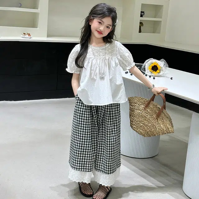 比比我儿童休闲运动套装 女童夏季服装  小孩衣服 小女孩短袖格子裤   大童潮牌