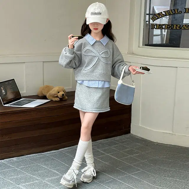 比比我休闲运动套装  女童春秋季大蝴蝶结大童潮牌小孩衣服 小女孩长袖洋气时髦 舒适帅气轻便