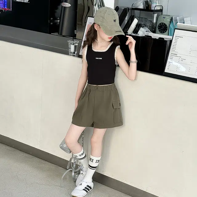 比比我休闲运动套装 女童夏季短袖 大童潮牌 小孩衣服 小女孩背心工装    学生花苞短裤
