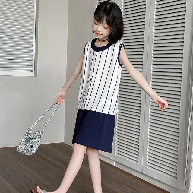 比比我休闲运动套装 女童夏季服装 大童潮牌 小孩衣服 小女孩无袖清爽凉感短袖
