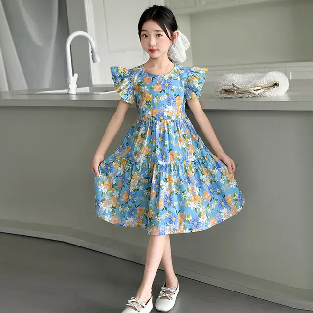比比我女童夏季裙子 小女孩衣服 碎花连衣裙 清新公主裙 大童潮牌  百搭休闲
