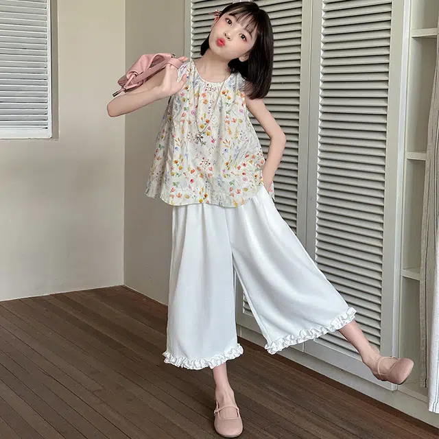 比比我儿童休闲运动套装 女童夏季 小孩衣服 小女孩无袖上衣 洋气中裤套 大童潮牌 时尚