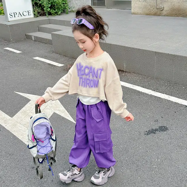 比比我休闲运动套装  女童春秋季字母工装裤大童潮牌小孩衣服 小女孩短袖洋气时髦 舒适帅气轻便