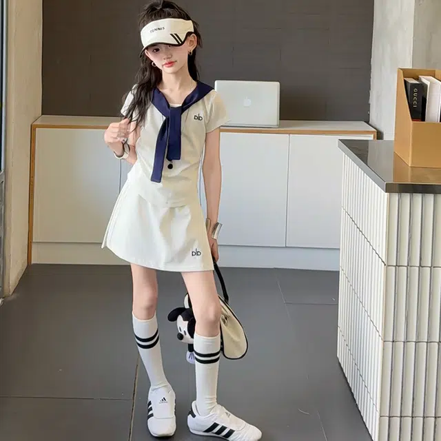 比比我休闲运动套装  女童夏季披肩大童潮牌小孩衣服 小女孩短袖洋气时髦 舒适帅气轻便