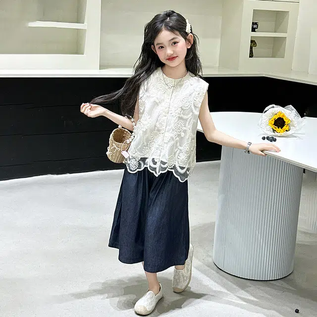 比比我儿童休闲运动套装 女童夏季服装 小孩衣服 小女孩刺绣蕾丝背心马甲牛仔裤 大童潮牌