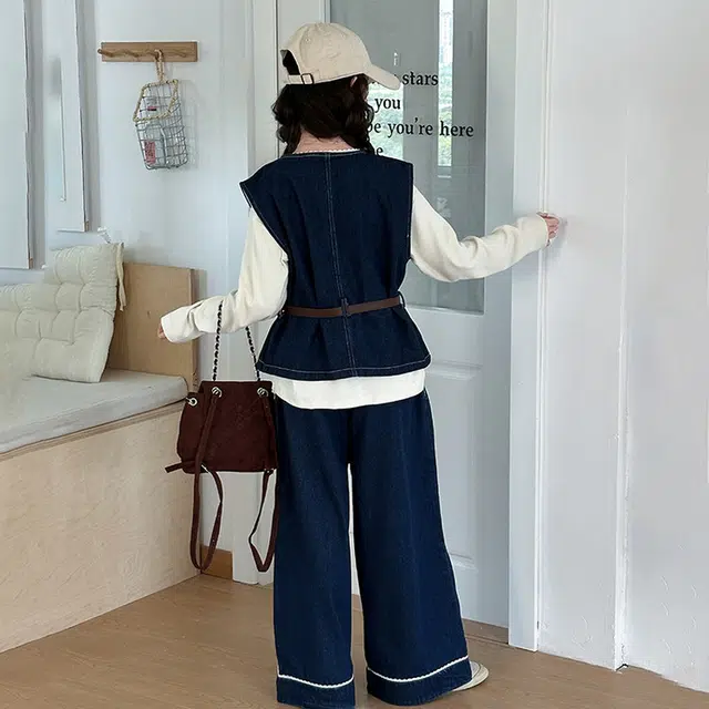 比比我休闲运动套装  女童春秋季牛仔马甲大童潮牌小孩衣服 小女孩短袖洋气时髦 舒适帅气轻便