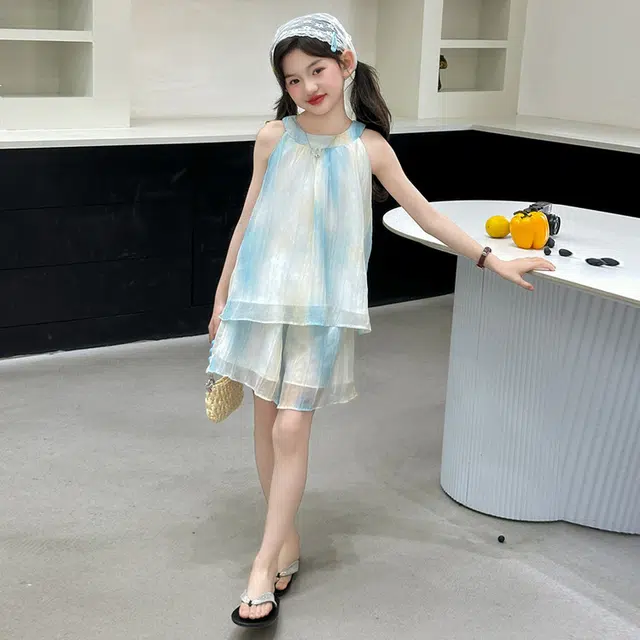 比比我儿童休闲运动套装 女童夏季套服装小孩衣服 小女孩挂脖流光裙两件套  大童潮