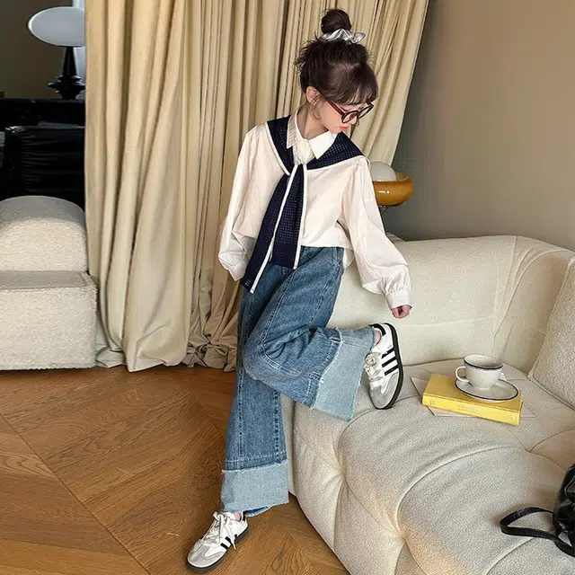 比比我休闲运动套装  女童春秋季白衬衫大童潮牌小孩衣服 小女孩长袖洋气时髦 舒适帅气轻便