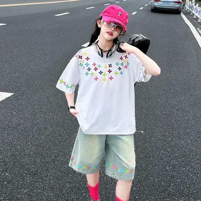 比比我休闲运动套装  女童春秋季四角星印花牛仔大童潮牌小孩衣服 小女孩长袖洋气时髦 舒适帅气轻便