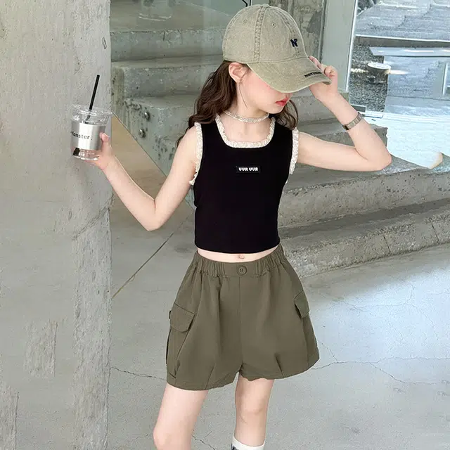 比比我休闲运动套装 女童夏季短袖 大童潮牌 小孩衣服 小女孩背心工装    学生花苞短裤