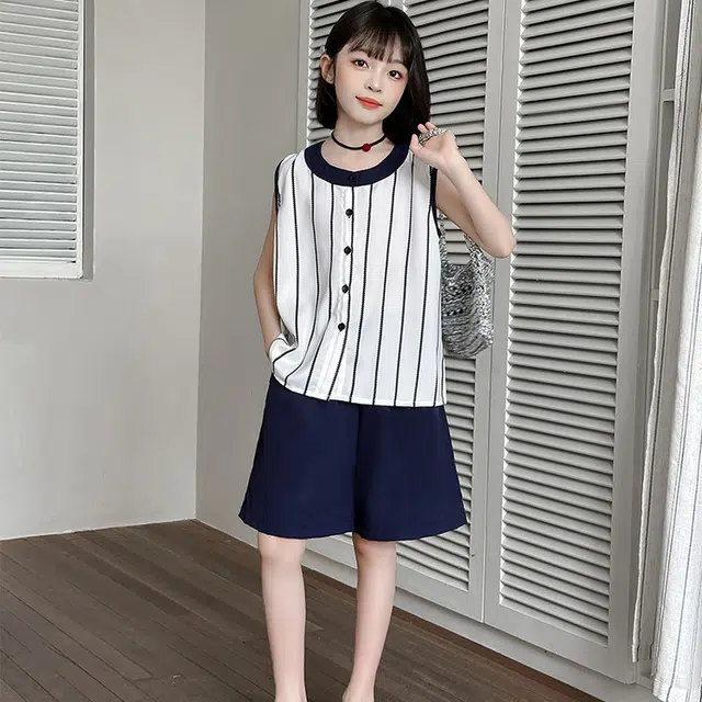 比比我休闲运动套装 女童夏季服装 大童潮牌 小孩衣服 小女孩无袖清爽凉感短袖