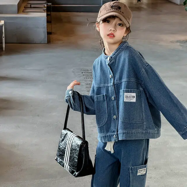 比比我休闲运动套装   女童春秋季牛仔 百搭设计 大童潮牌小孩衣服 小女孩长袖洋气时髦 舒适帅气轻便