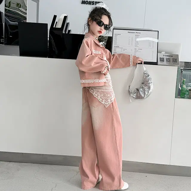 比比我休闲运动套装  女童春秋季花边牛仔大童潮牌小孩衣服 小女孩短袖洋气时髦 舒适帅气轻便