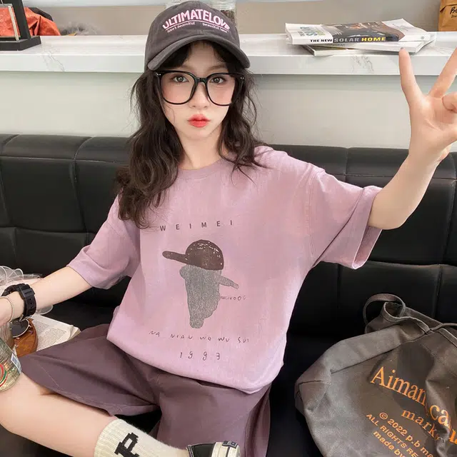 比比我休闲运动套装 女童夏季服装 大童潮牌 小孩衣服 小女孩无袖卡通人短裤套