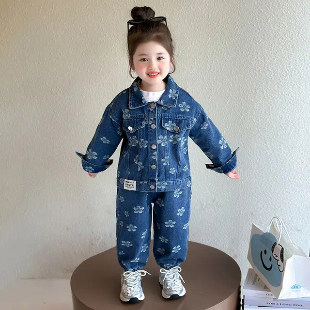 比比我休闲运动套装  女童春秋季贴标花朵牛仔大童潮牌小孩衣服 小女孩长袖洋气时髦 舒适帅气轻便