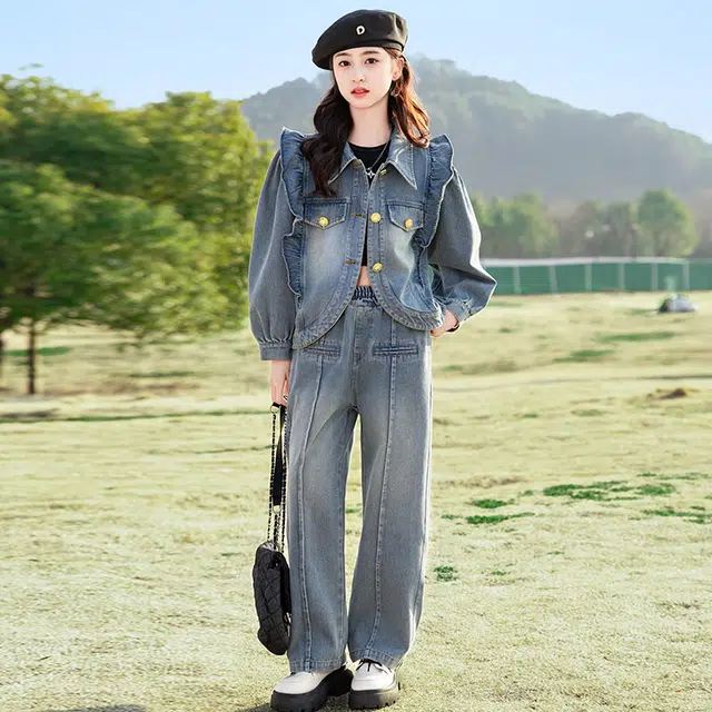 比比我休闲运动套装  女童春秋季牛仔大童潮牌小孩衣服 小女孩短袖洋气时髦 舒适帅气轻便