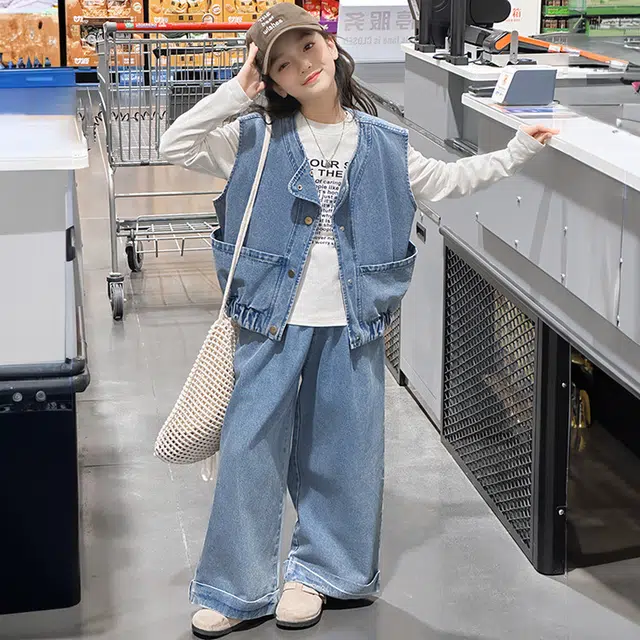 比比我休闲运动套装  女童春秋季牛仔马甲大童潮牌小孩衣服 小女孩长袖洋气时髦 舒适帅气轻便