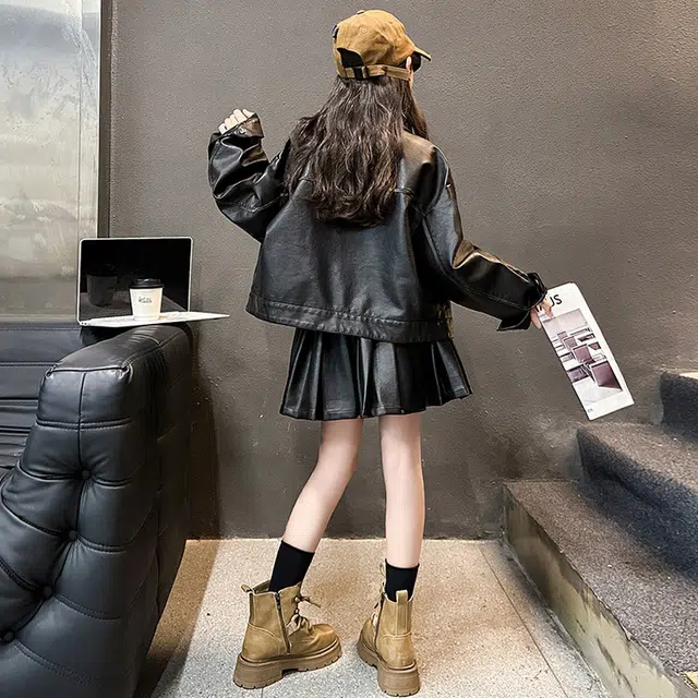 比比我休闲运动套装  女童春秋季洋气皮衣半身裙大童潮牌小孩衣服 小女孩短袖时髦 舒适帅气轻便