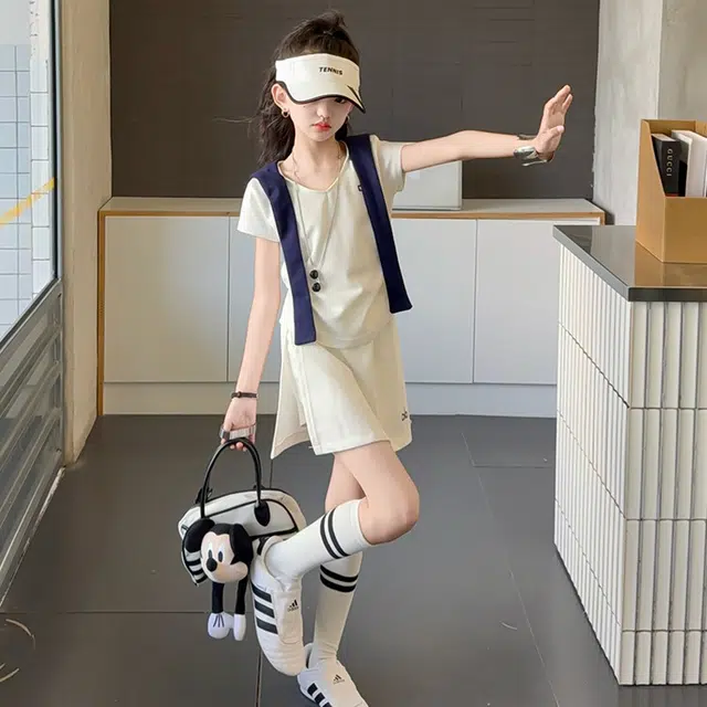 比比我休闲运动套装  女童夏季披肩大童潮牌小孩衣服 小女孩短袖洋气时髦 舒适帅气轻便