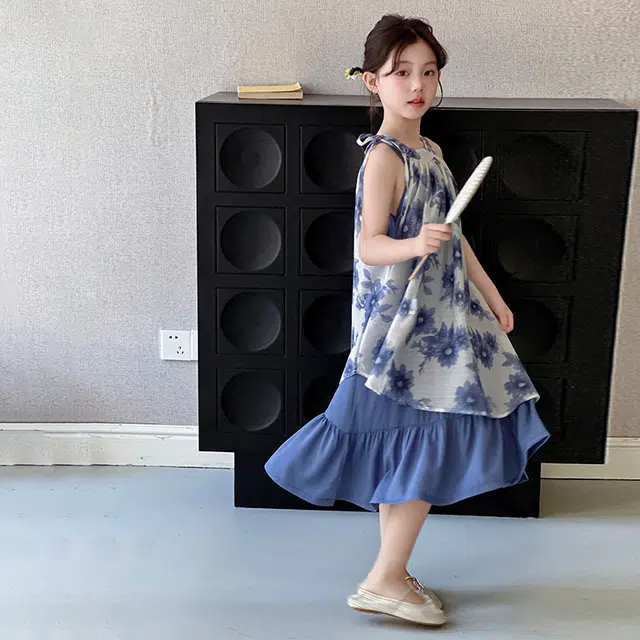 比比我女童夏季连衣裙 小女孩叠穿潮款网纱裙 清新公主裙 大童潮牌国风 百搭休闲